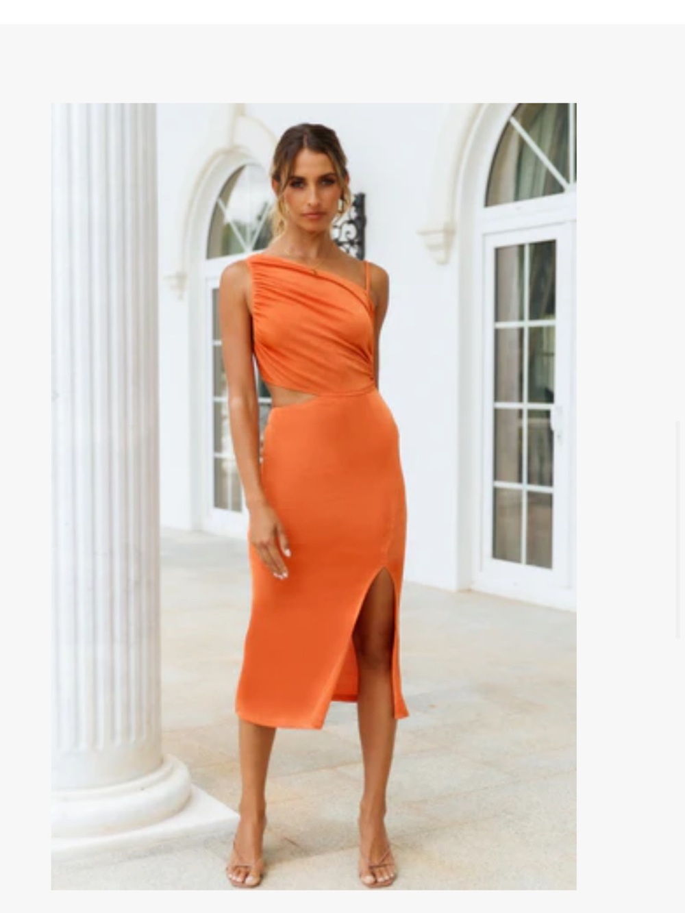 Hello Molly Orange One-Shoulder Cutout Midi Dress